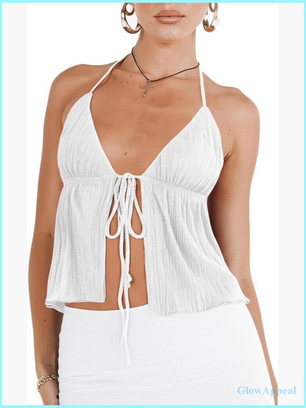 Y2K Backless Crop Top Vintage Tie Up Halter Deep V Neck Cami Streetwear
